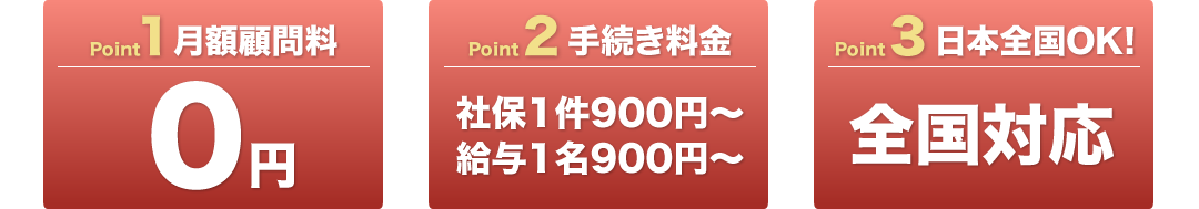 月額顧問料0円 手続き料金 社保1件900円~ 給与計算業務1名900円~ 全国対応